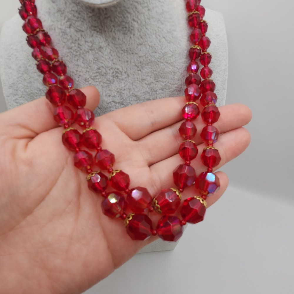 Vintage Red AB Faceted Bead 2 Strand Necklace & Clip Earring Set West Germany